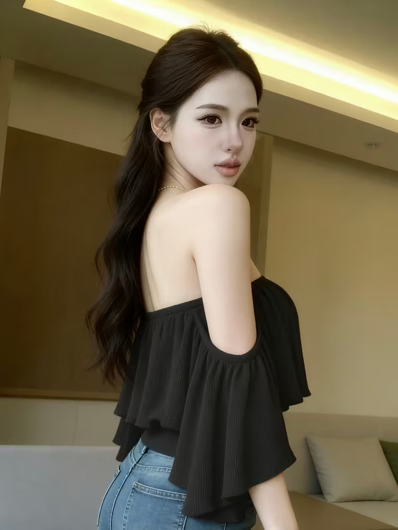 Women'S Off-Shoulder Ruffled Crop Top, Y2K Strapless Ruffled Sleeve Top, Vintage Style Exquisite Slim-Fit Tube Top Suitable for Streetwear