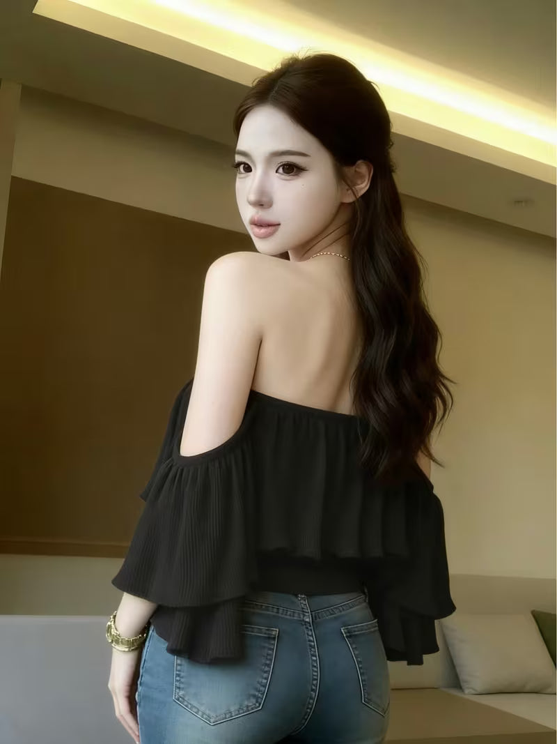 Women'S Off-Shoulder Ruffled Crop Top, Y2K Strapless Ruffled Sleeve Top, Vintage Style Exquisite Slim-Fit Tube Top Suitable for Streetwear