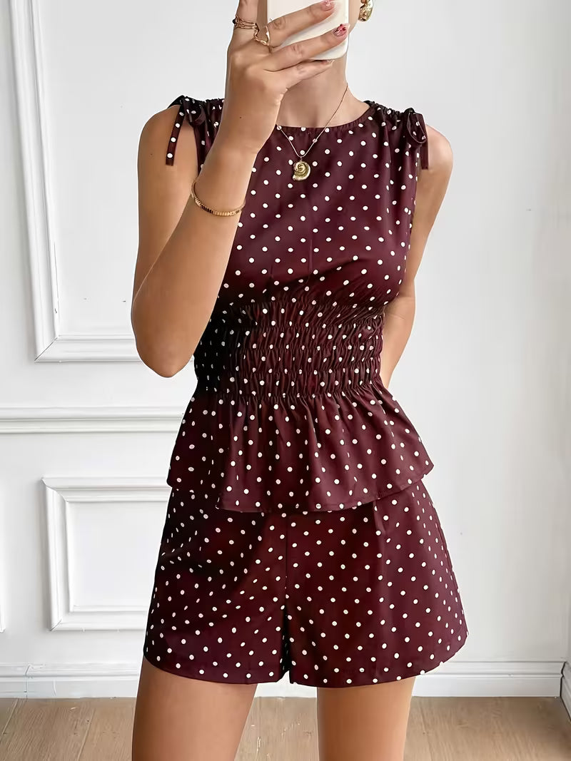 New Women's Fashion Polka Dot Casual Top and Shorts 2pcs Set, Elastic Waistband Top Set, Polka Dot Set