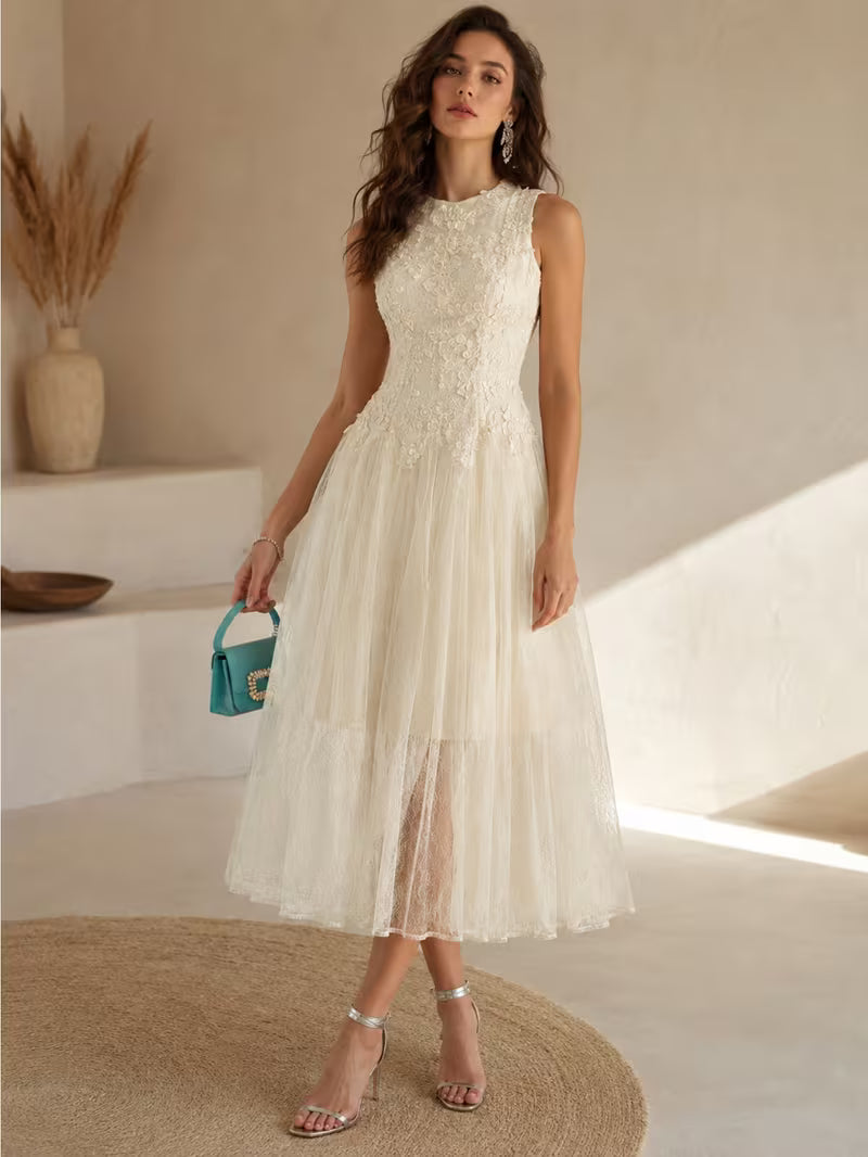 Women's Sleeveless Round Neck Mesh Lace Spliced Dress Flattering Fit Soft Touch for Daily Vacation Date Outfits