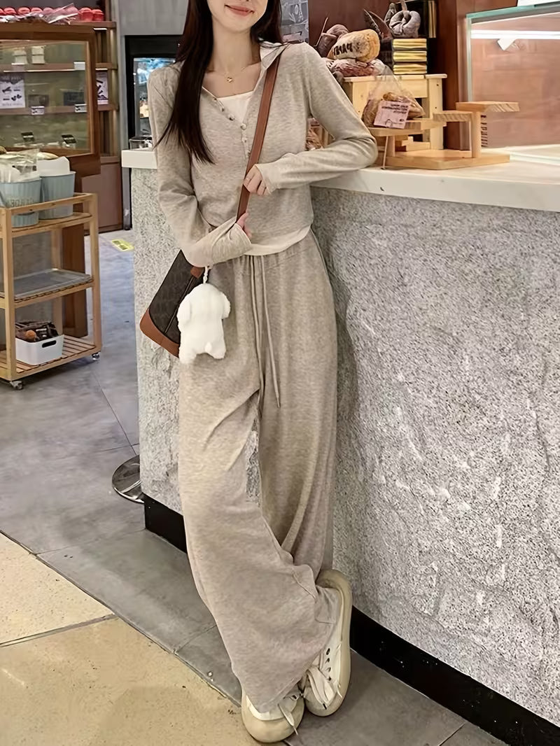 New Women's Fashion Versatile Casual Y Style 2-in-1 Look Set: Simple Hooded Top + Wide-Leg Pants 2pcs Set