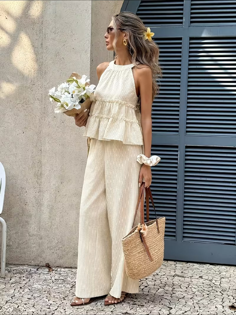 Casual Vacation Style 2pcs Set, Halter Neck Ruffled Sleeveless Top And High-Waist Wide-Leg Pants Women's Outfit