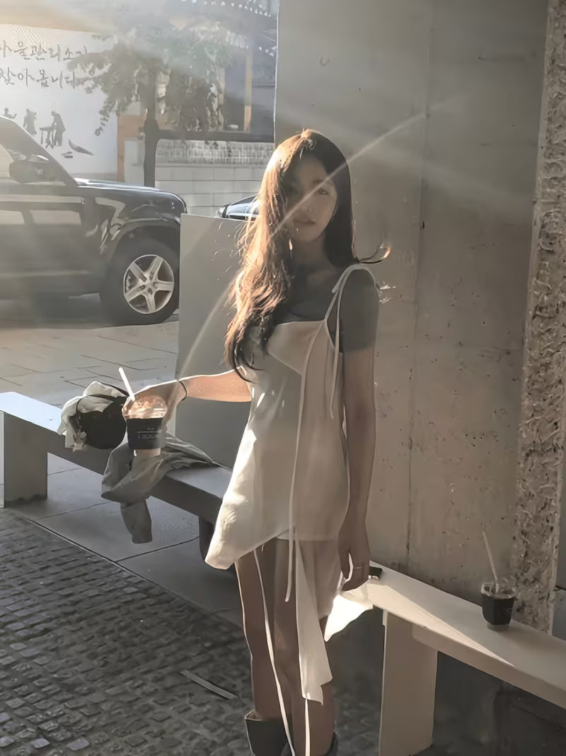 Korean Style Daily Sweet Design Sense Tie-Up Asymmetrical Camisole Layered Vest Dress Walking