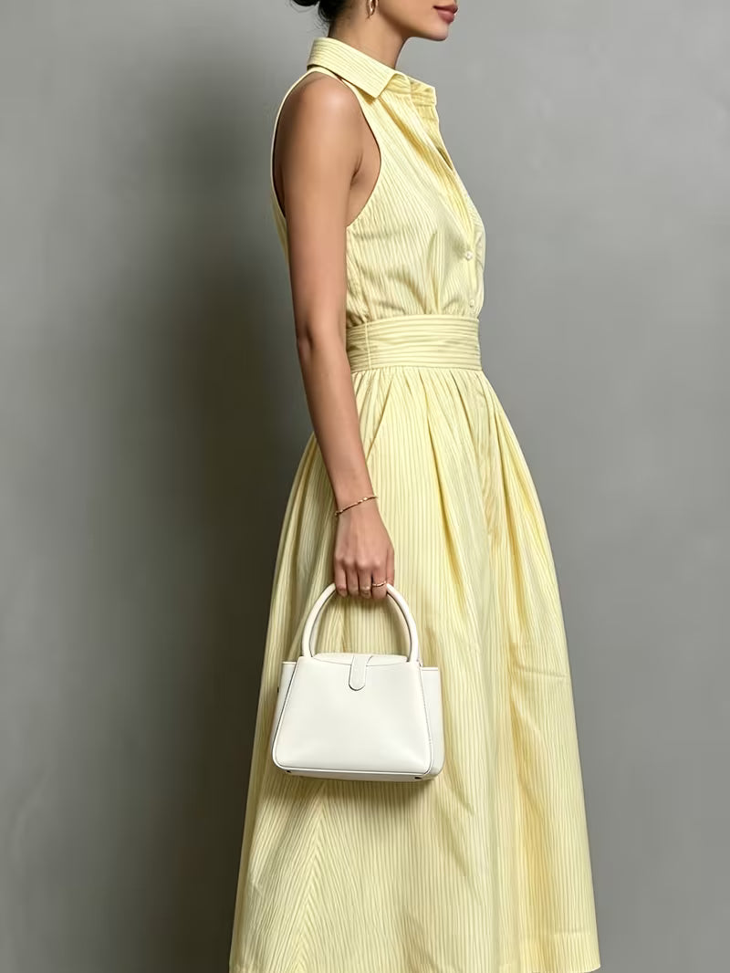 Women'S Summer New Thin Striped Fabric Elegant Vacation Daily Commute Casual Romantic Lapel Sleeveless Waist-Cinching Button-A Line Long Dress