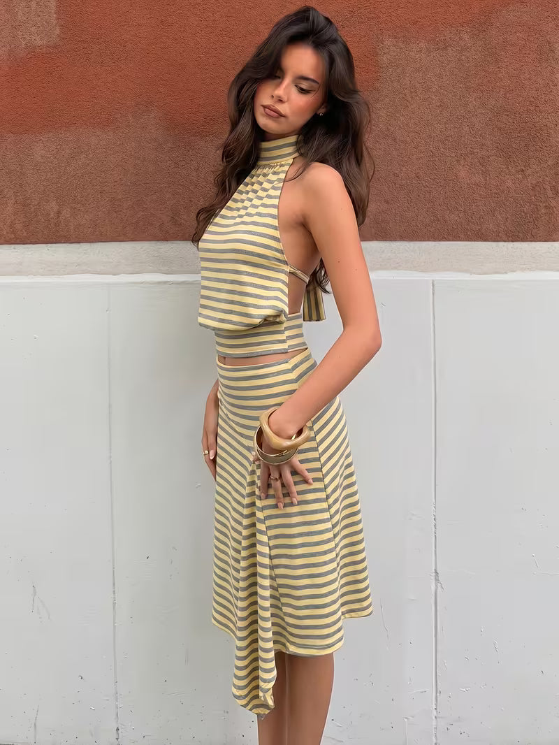 Women's 2pcs Set: Striped Halter Neck with Adjustable Back Ties, Open Back; Irregular Mermaid Skirt