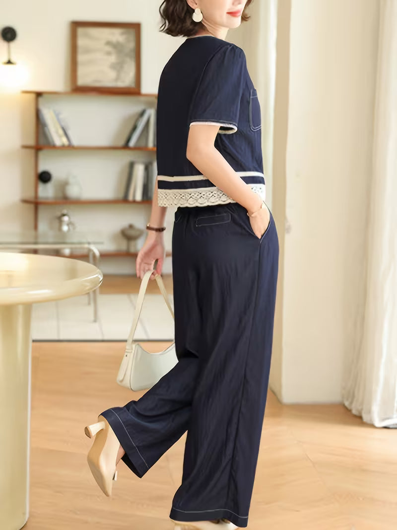 Elegant and Stylish Summer Denim Outfit for Mothers, Middle-aged Women's Summer Short-sleeve Top, Fashionable and Elegant 2pcs Set
