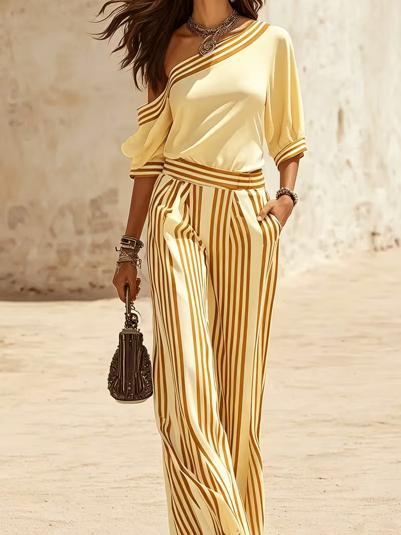 Women'S One Shoulder Top And Striped Wide Leg Pants Set Casual Loose Color Block Matching Set