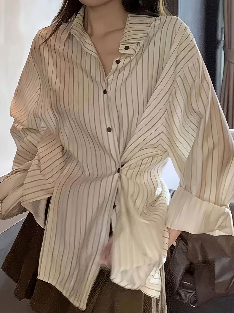 Spring/Autumn 2025 New Style Petite Striped Inner Shirt for Women, Lightly Mature Design, Loose and Languid Style Long-Sleeve Outer Jacket