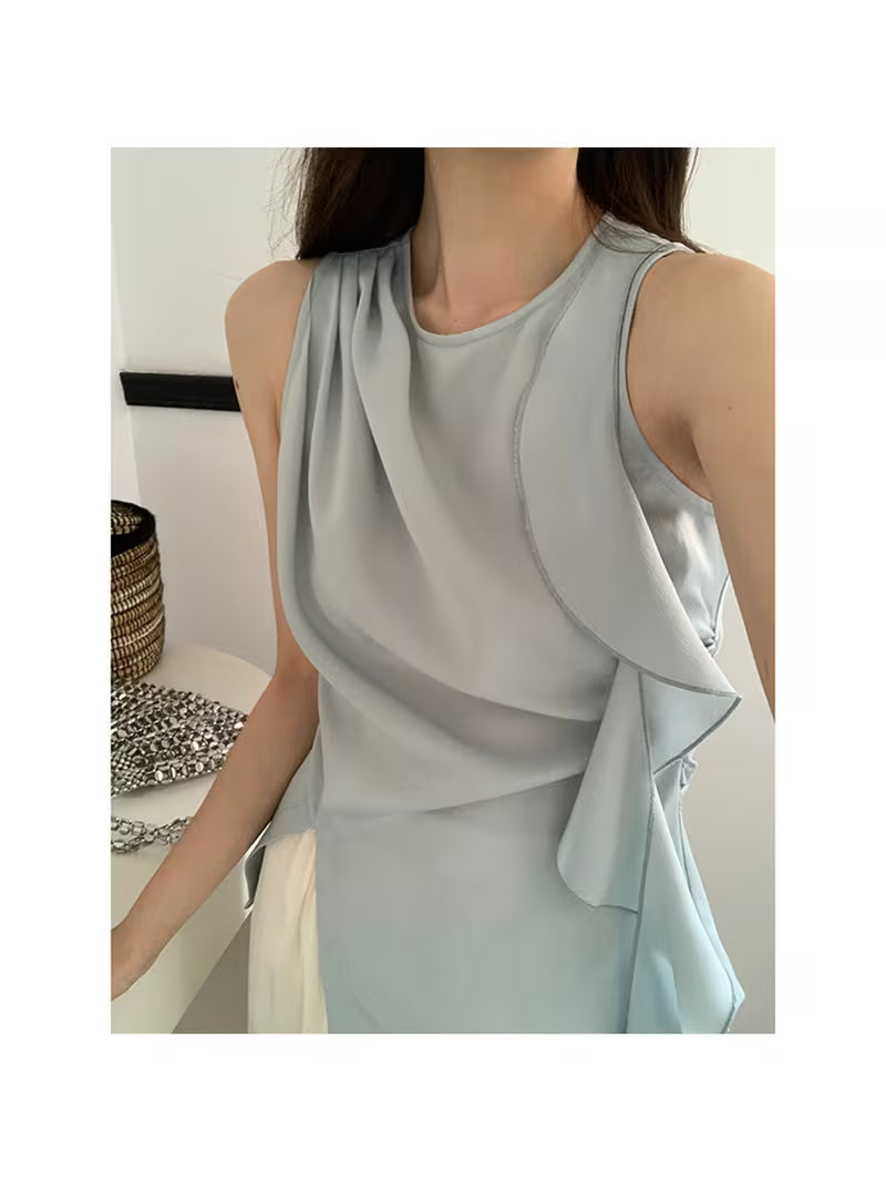 Women's Elegant Asymmetrical Ruffle Trim Sleeveless Top - Solid Color Round Neck Tank Blouse Shirt