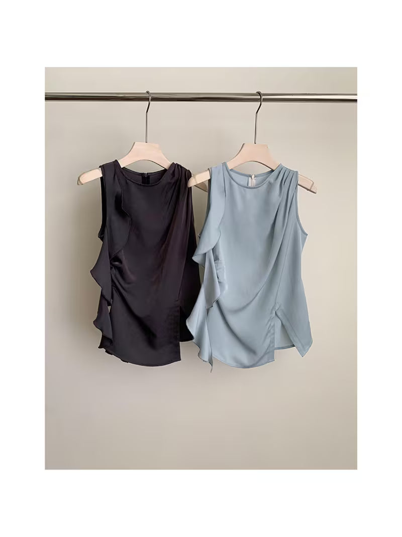 Women's Elegant Asymmetrical Ruffle Trim Sleeveless Top - Solid Color Round Neck Tank Blouse Shirt