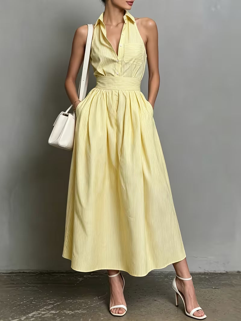 Women'S Summer New Thin Striped Fabric Elegant Vacation Daily Commute Casual Romantic Lapel Sleeveless Waist-Cinching Button-A Line Long Dress