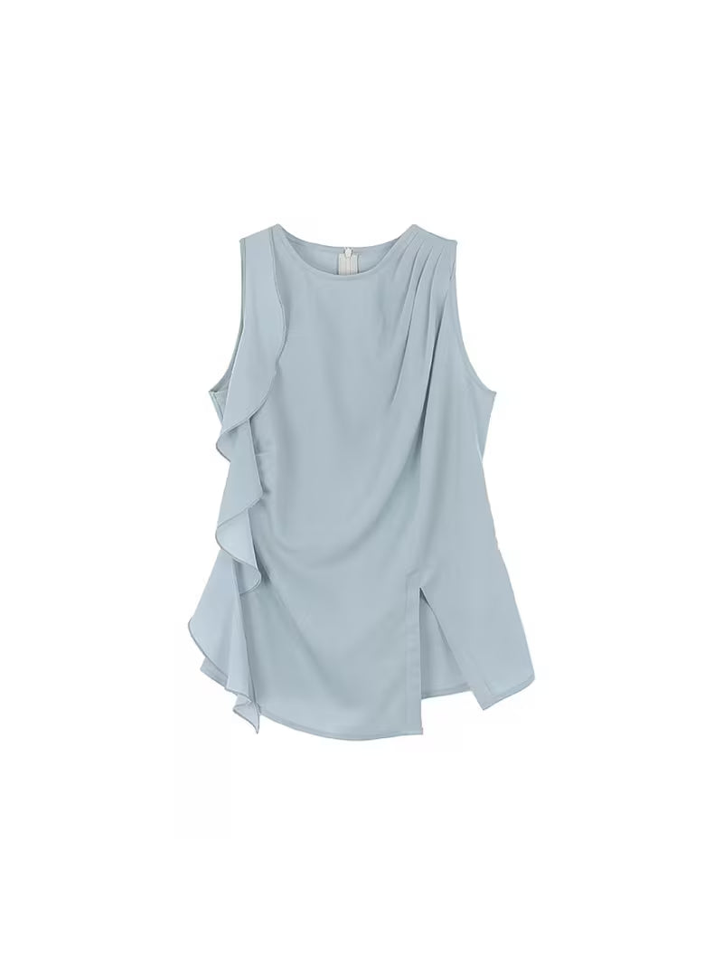 Women's Elegant Asymmetrical Ruffle Trim Sleeveless Top - Solid Color Round Neck Tank Blouse Shirt