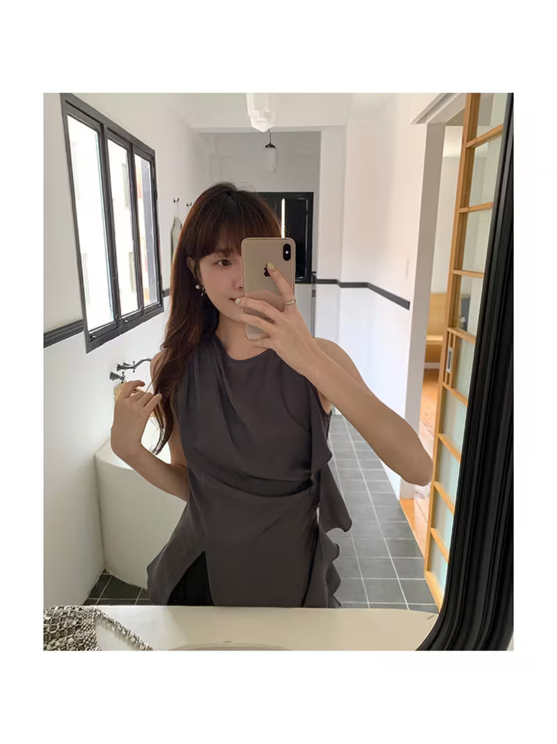Women's Elegant Asymmetrical Ruffle Trim Sleeveless Top - Solid Color Round Neck Tank Blouse Shirt