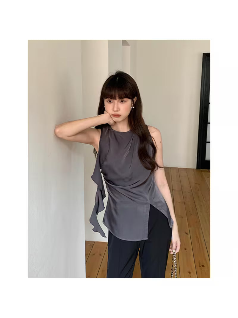 Women's Elegant Asymmetrical Ruffle Trim Sleeveless Top - Solid Color Round Neck Tank Blouse Shirt