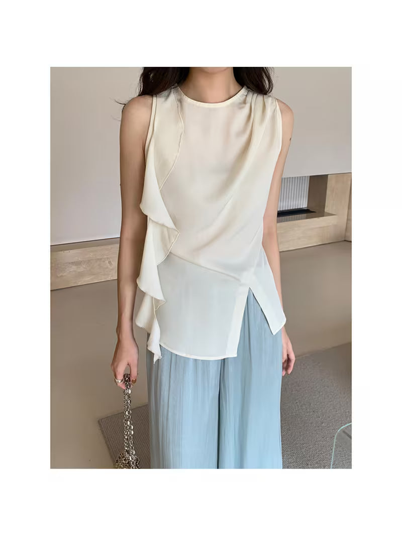 Women's Elegant Asymmetrical Ruffle Trim Sleeveless Top - Solid Color Round Neck Tank Blouse Shirt