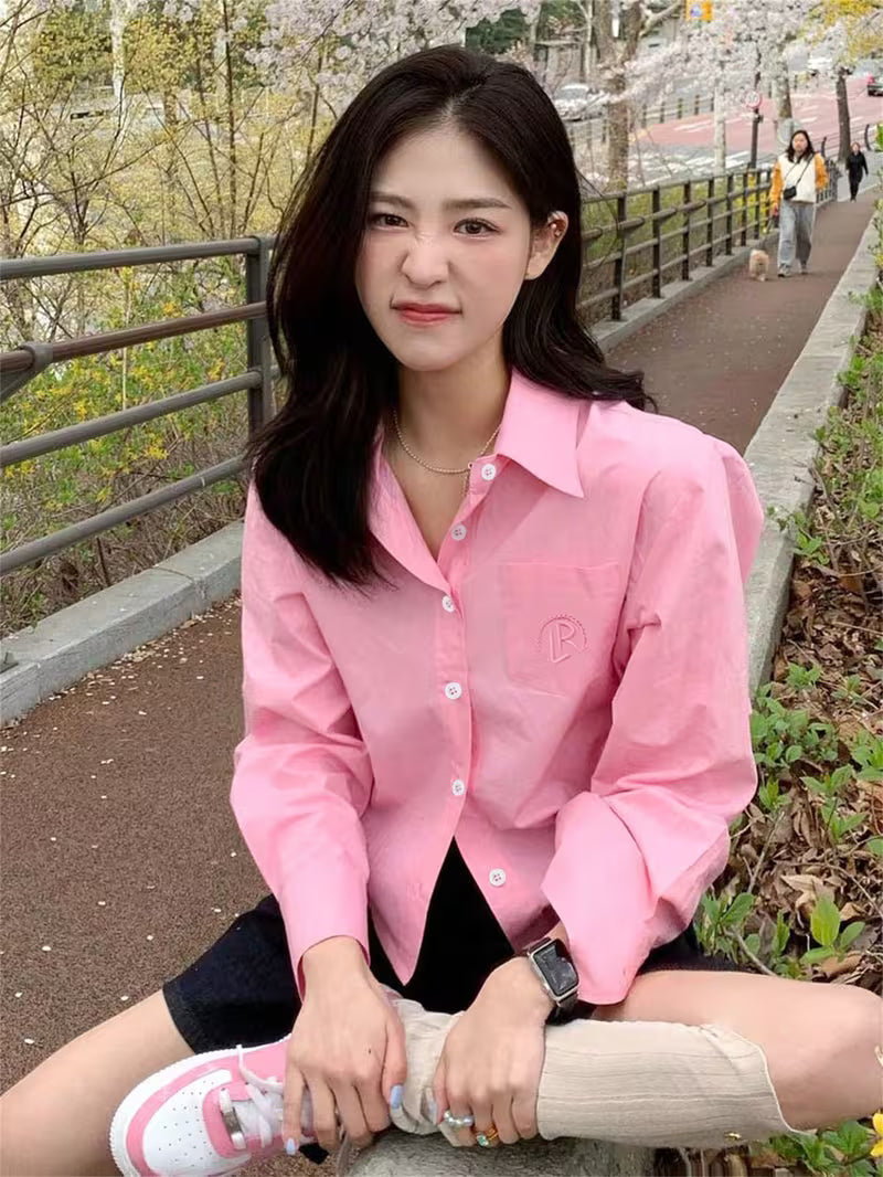 Solid Light Pink Letter Embroidery Oversized Long Sleeve Blouse, Basic Collar Slim Casual Top for Women