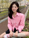 Solid Light Pink Letter Embroidery Oversized Long Sleeve Blouse, Basic Collar Slim Casual Top for Women