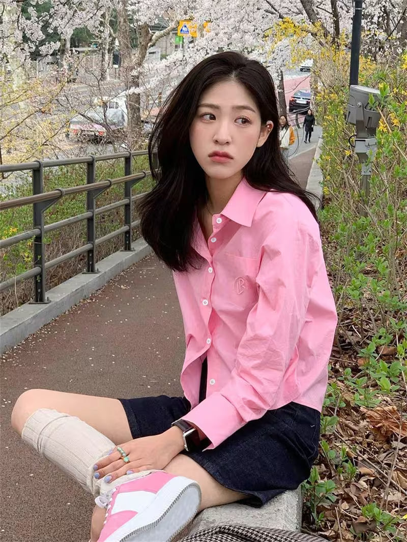 Solid Light Pink Letter Embroidery Oversized Long Sleeve Blouse, Basic Collar Slim Casual Top for Women