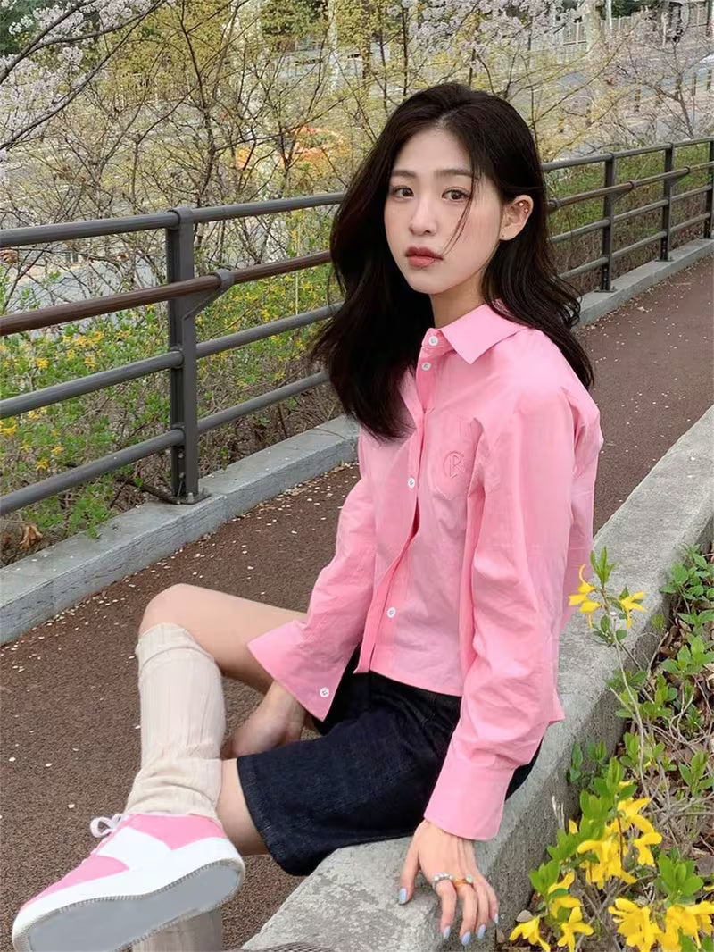 Solid Light Pink Letter Embroidery Oversized Long Sleeve Blouse, Basic Collar Slim Casual Top for Women