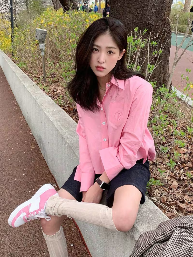 Solid Light Pink Letter Embroidery Oversized Long Sleeve Blouse, Basic Collar Slim Casual Top for Women