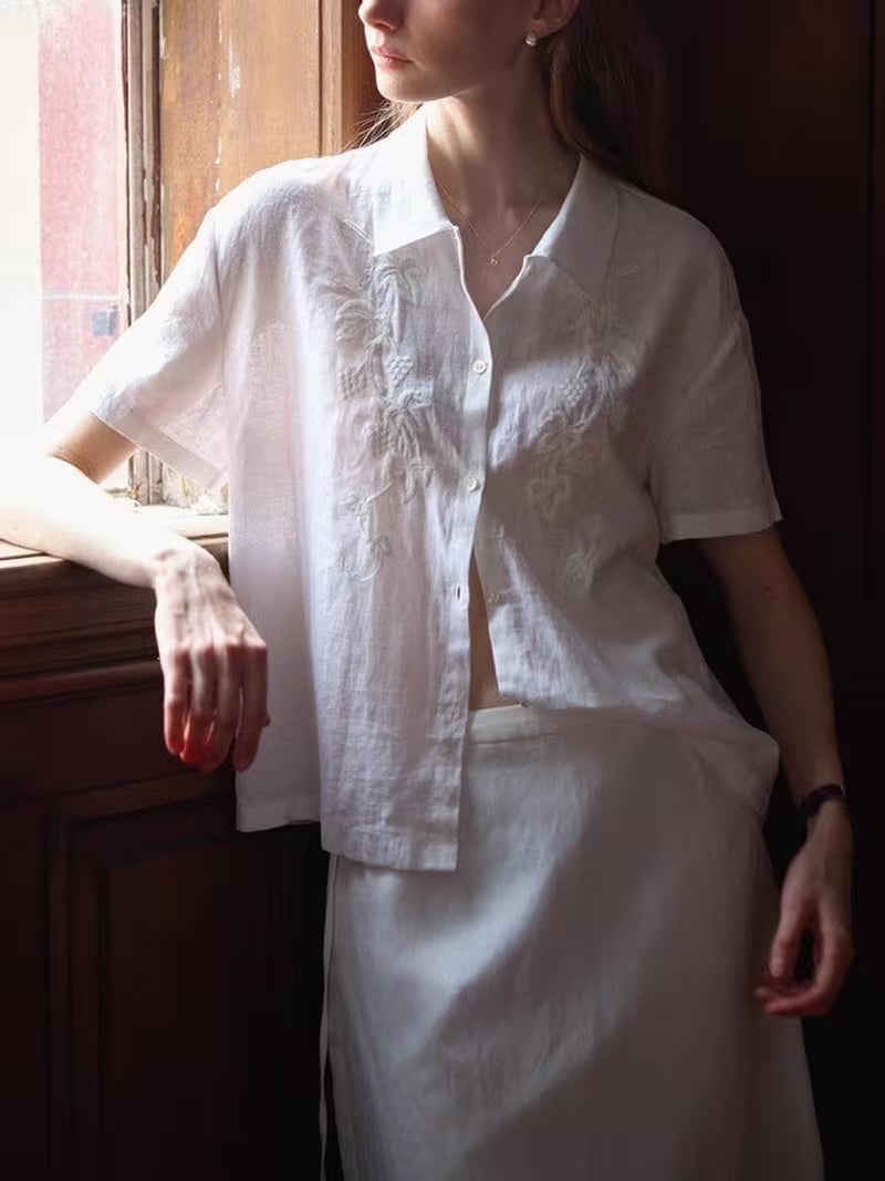 Women White Short Sleeve Linen Embroidered Shirt, High-End Casual Loose Button Front Summer Blouse