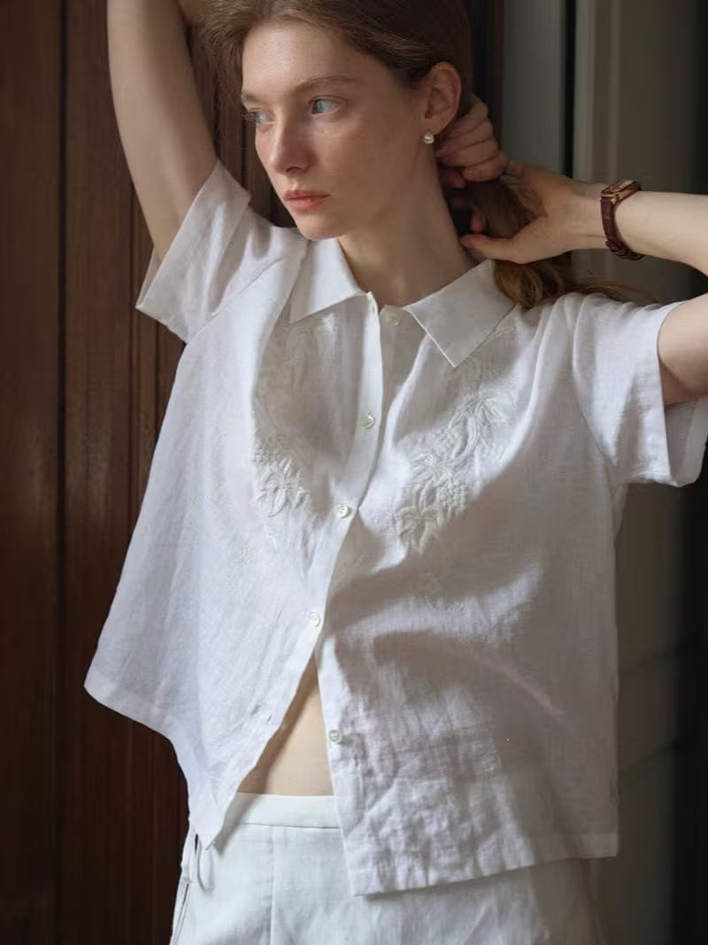 Women White Short Sleeve Linen Embroidered Shirt, High-End Casual Loose Button Front Summer Blouse