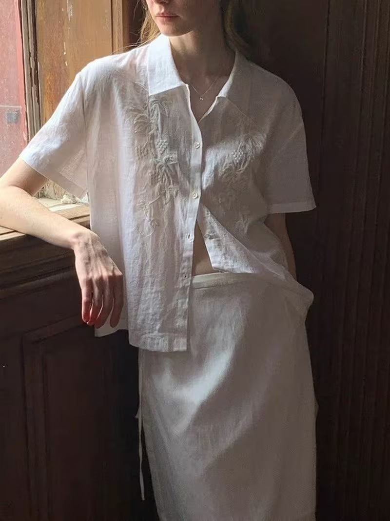 Women White Short Sleeve Linen Embroidered Shirt, High-End Casual Loose Button Front Summer Blouse