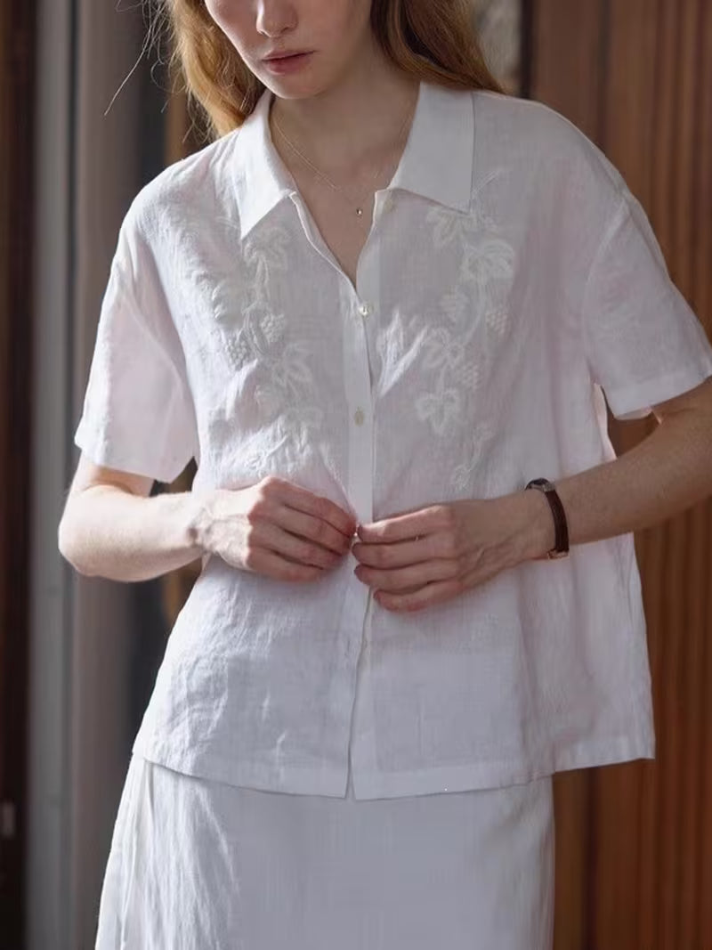 Women White Short Sleeve Linen Embroidered Shirt, High-End Casual Loose Button Front Summer Blouse