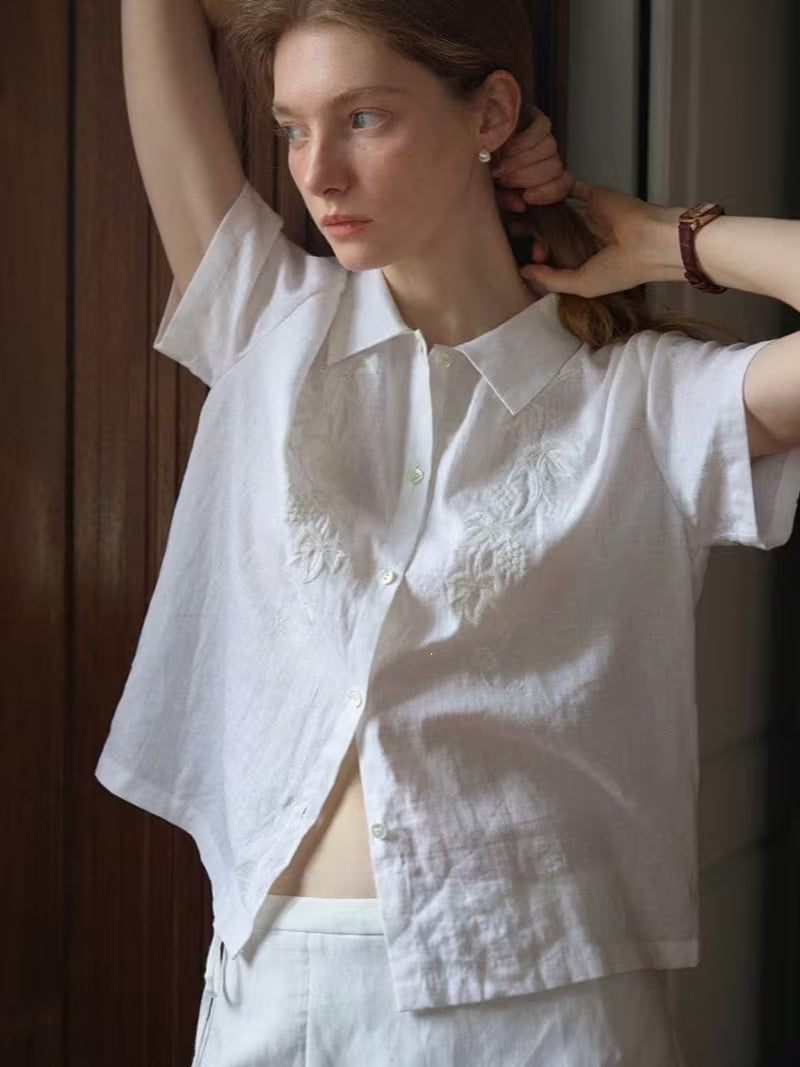 Women White Short Sleeve Linen Embroidered Shirt, High-End Casual Loose Button Front Summer Blouse