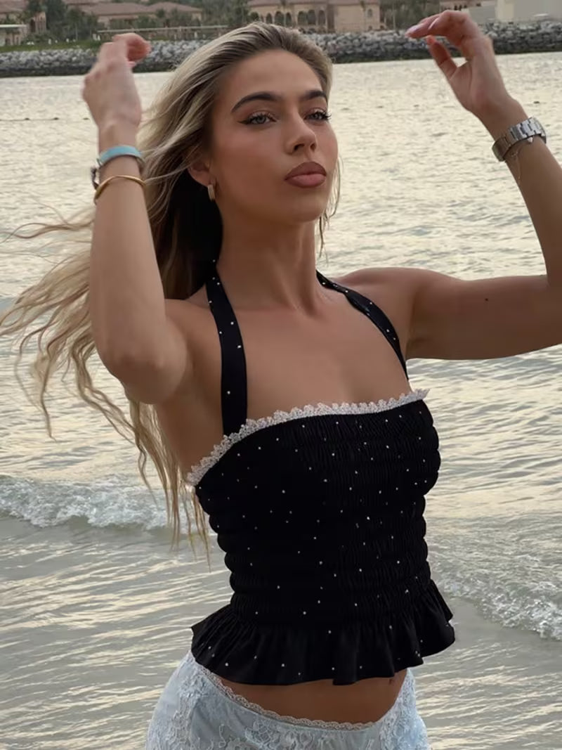 2026 Summer New Polka Top, Stylish Lace Ruffle Halter Neck Tie Design, Trendy Look, Suitable for Dates And Work, Vintage Fashion for Women