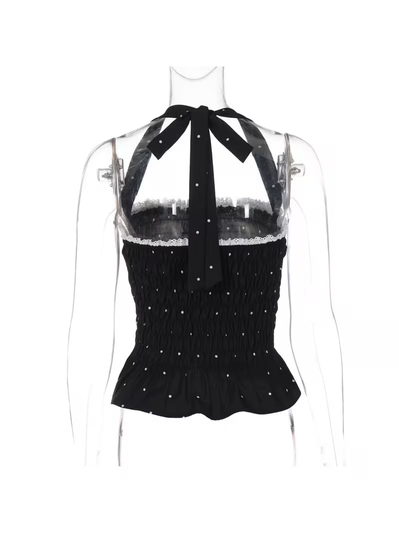 2026 Summer New Polka Top, Stylish Lace Ruffle Halter Neck Tie Design, Trendy Look, Suitable for Dates And Work, Vintage Fashion for Women