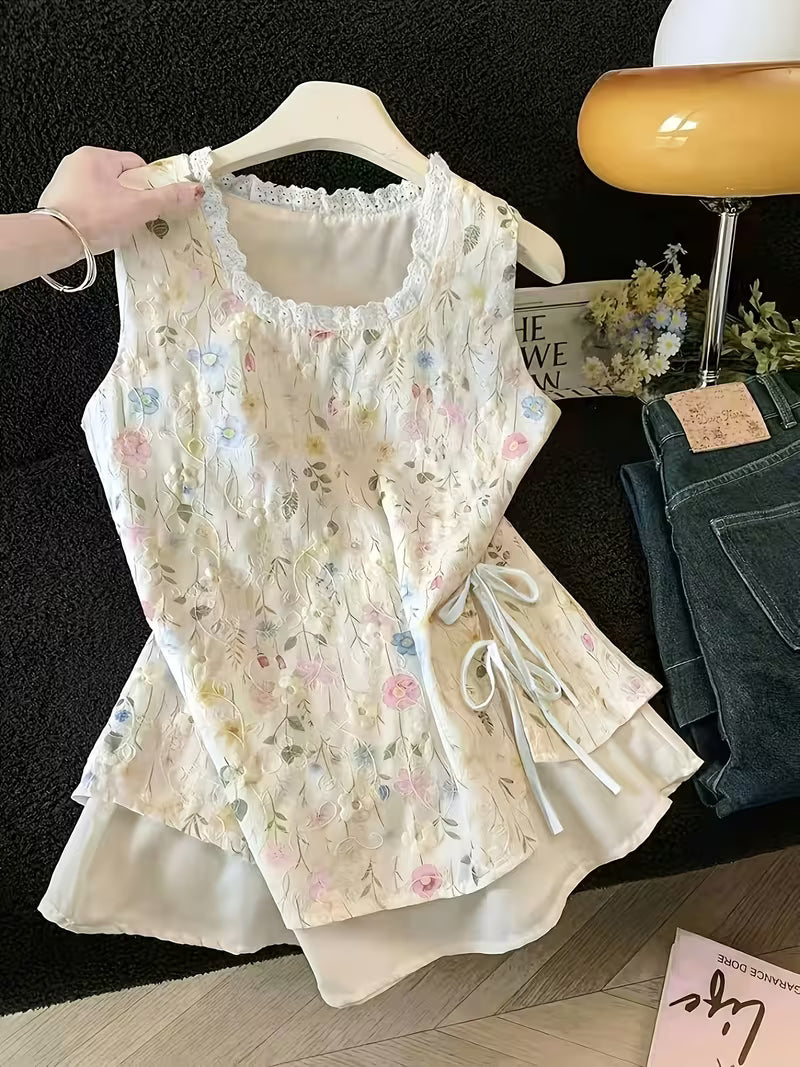Women's Colorful Floral Embroidered Sleeveless Vest • Summer Ruffle Tie-Up Double-Layer Top • Forest-Inspired Fresh Style