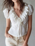 Women's White V-Neck Lace Tie-Front Top Blouse French Soft Style Daily Date & Office Outfit Chic Ladies Tops/Blouse Ruffle Detail Adjustable Tie
