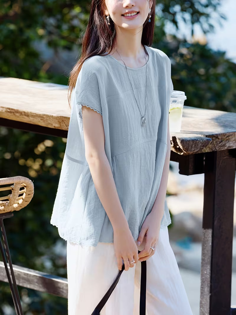 Summer New Women'S Shirt [Light Prelude. Age-Reducing Shirt] Daily Commute Office Wear New Lace Decoration Loose Version Smooth Skin-Friendly Romantic Age-Reducing Shirt