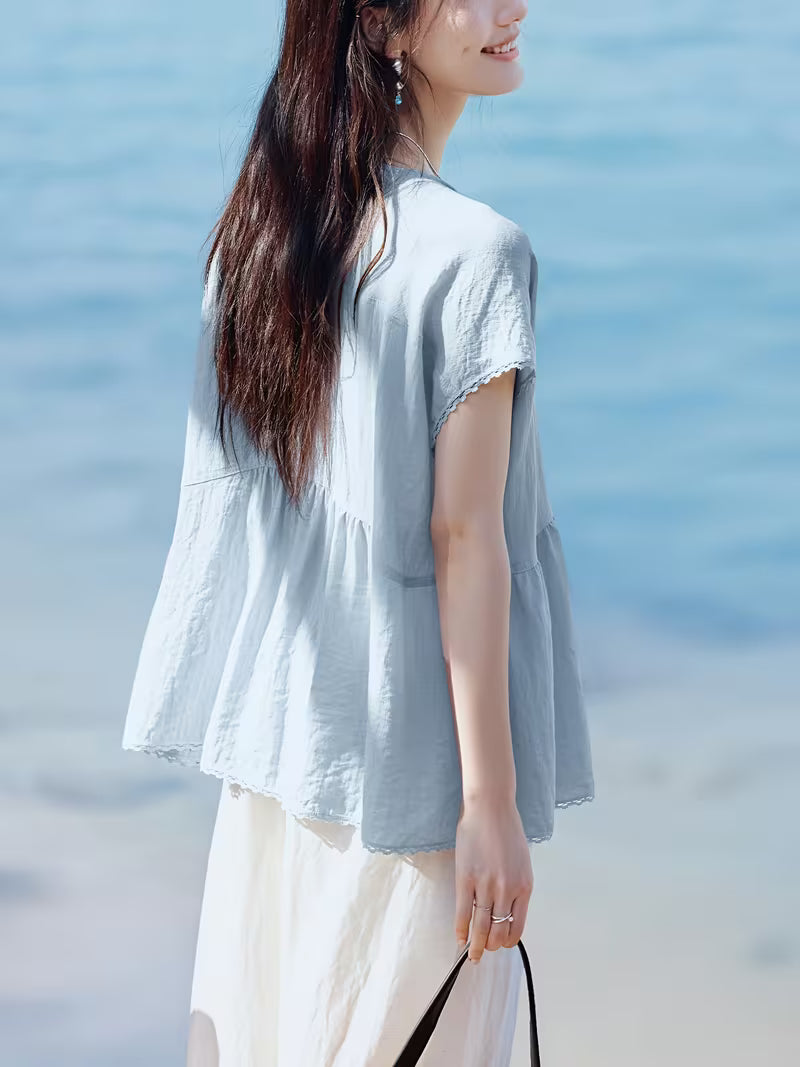 Summer New Women'S Shirt [Light Prelude. Age-Reducing Shirt] Daily Commute Office Wear New Lace Decoration Loose Version Smooth Skin-Friendly Romantic Age-Reducing Shirt
