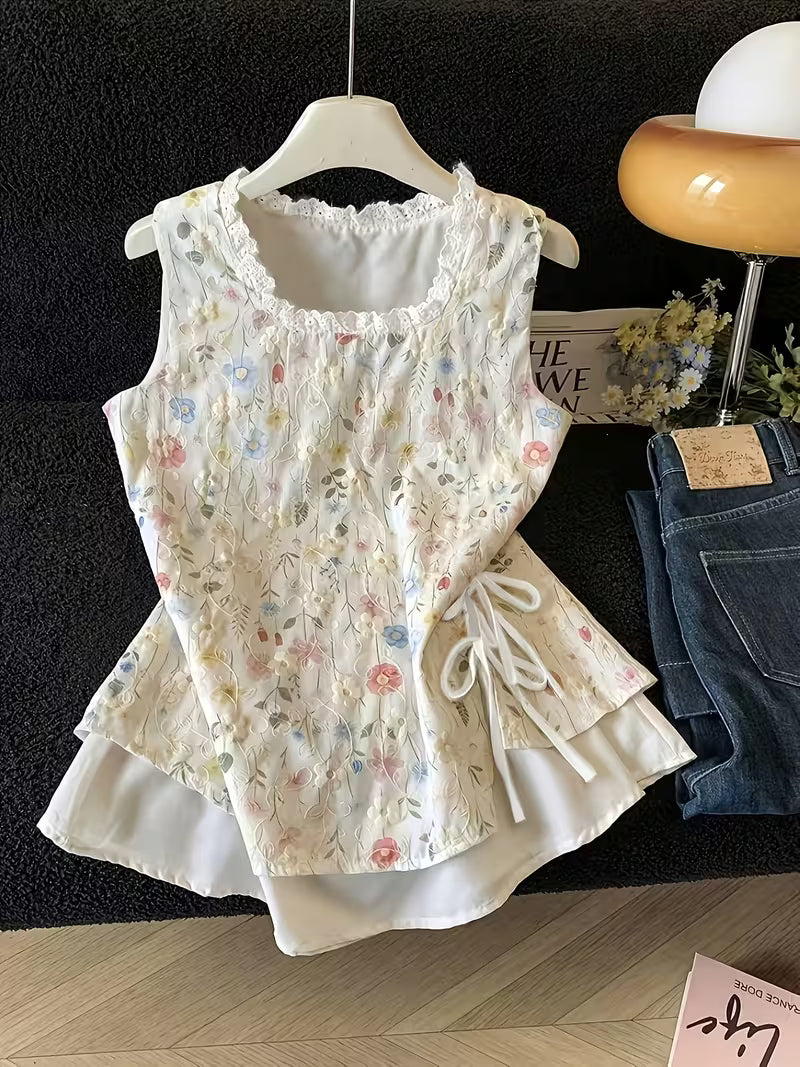 Women's Colorful Floral Embroidered Sleeveless Vest • Summer Ruffle Tie-Up Double-Layer Top • Forest-Inspired Fresh Style