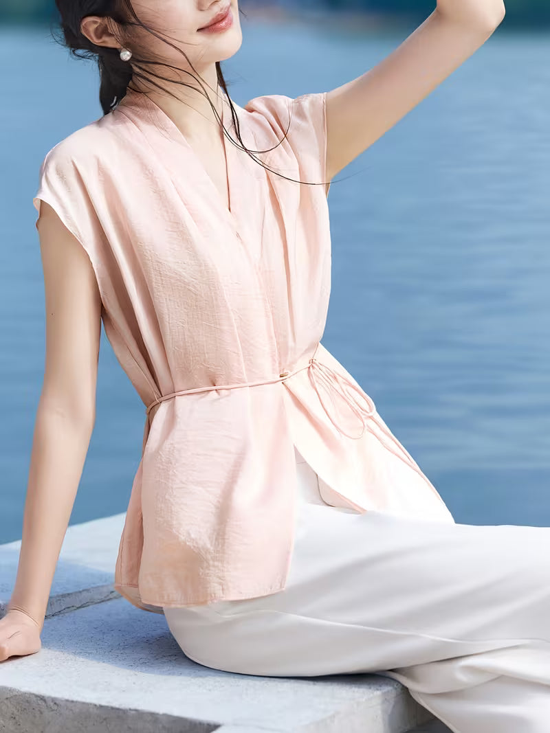 Women'S Spring/Summer New Shirt [Elegant Lady Tie Waist Pink Temperament Top] Lady Fashion Design Women'S Spring/Summer Clothing