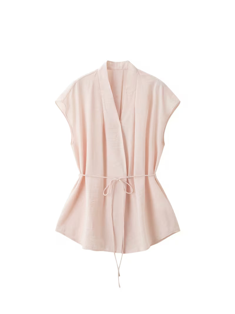 Women'S Spring/Summer New Shirt [Elegant Lady Tie Waist Pink Temperament Top] Lady Fashion Design Women'S Spring/Summer Clothing