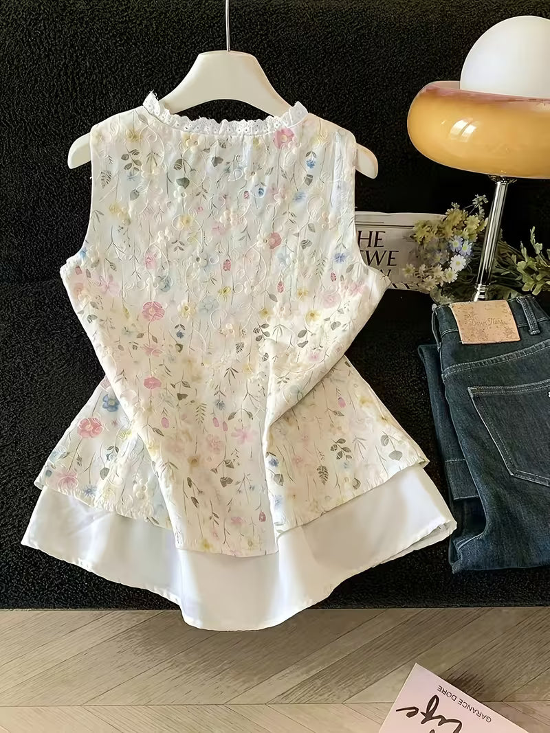 Women's Colorful Floral Embroidered Sleeveless Vest • Summer Ruffle Tie-Up Double-Layer Top • Forest-Inspired Fresh Style