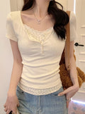 2-in-1 Look Off-Shoulder Short Sleeve T-Shirt for Women, New Summer Korean Style Sweet Temperament Slim Fit Floral Print Pure Desire Spicy Top