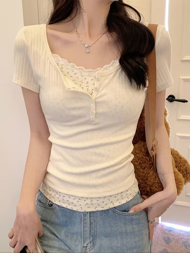 2-in-1 Look Off-Shoulder Short Sleeve T-Shirt for Women, New Summer Korean Style Sweet Temperament Slim Fit Floral Print Pure Desire Spicy Top