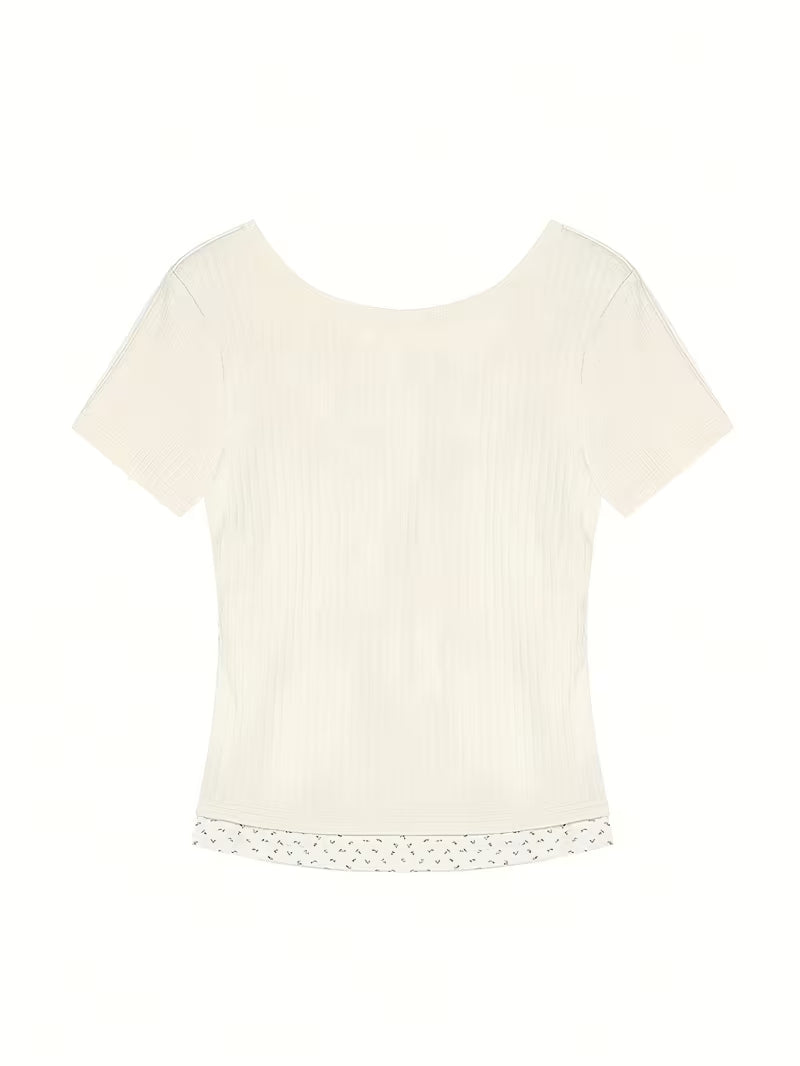2-in-1 Look Off-Shoulder Short Sleeve T-Shirt for Women, New Summer Korean Style Sweet Temperament Slim Fit Floral Print Pure Desire Spicy Top