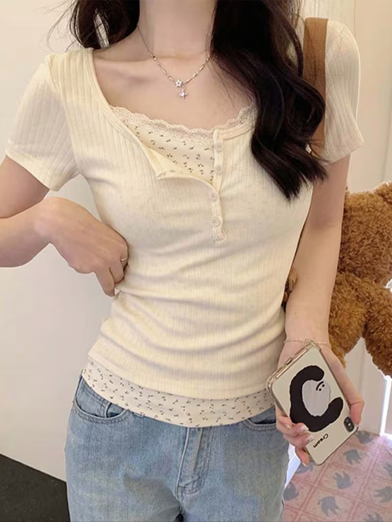 2-in-1 Look Off-Shoulder Short Sleeve T-Shirt for Women, New Summer Korean Style Sweet Temperament Slim Fit Floral Print Pure Desire Spicy Top