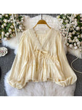 French-Style Gentle And Sweet Women'S Shirt, New V-Neck Lace Trim, Tie-Dye Lantern Sleeves, Loose And Top