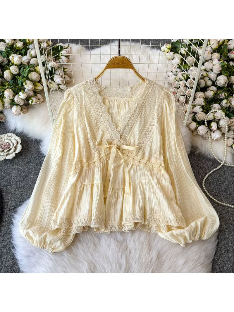 French-Style Gentle And Sweet Women'S Shirt, New V-Neck Lace Trim, Tie-Dye Lantern Sleeves, Loose And Top