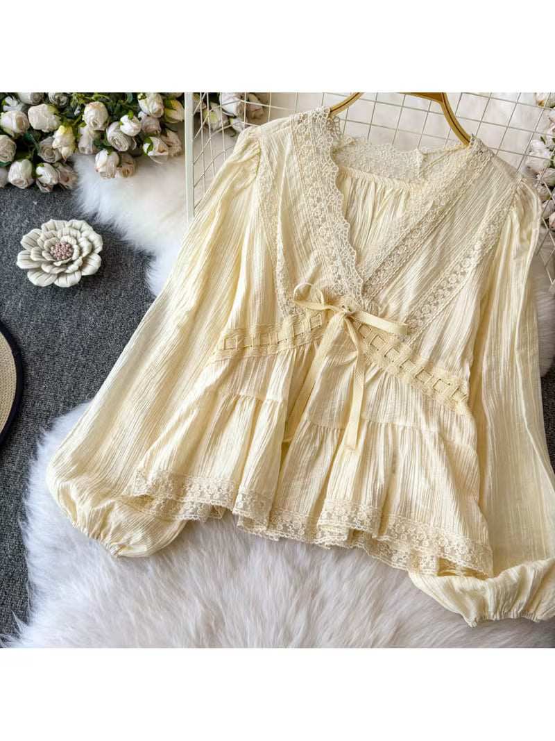 French-Style Gentle And Sweet Women'S Shirt, New V-Neck Lace Trim, Tie-Dye Lantern Sleeves, Loose And Top