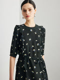 Women'S Short Sleeve Printed Dress, Ruched French Style 100% Mulberry Midi Dress
