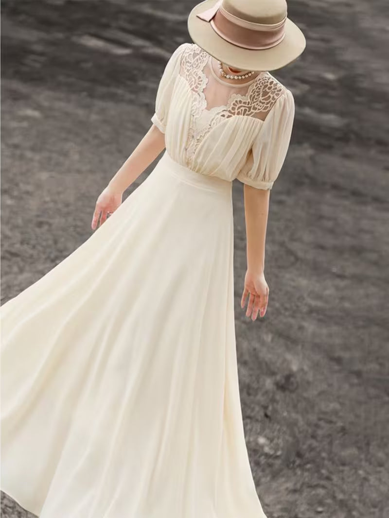 Absolutely Stunning French Lace Puff-Sleeve Maxi Dress - Figure-Flattering