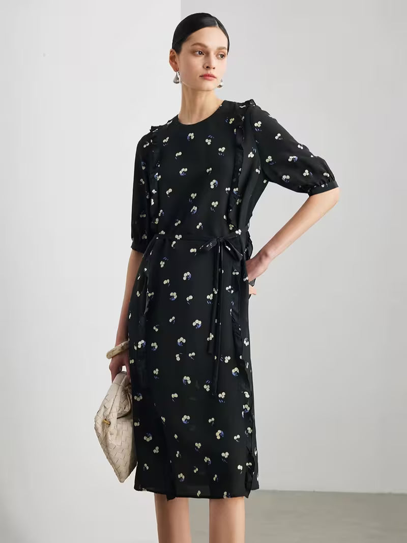 Women'S Short Sleeve Printed Dress, Ruched French Style 100% Mulberry Midi Dress