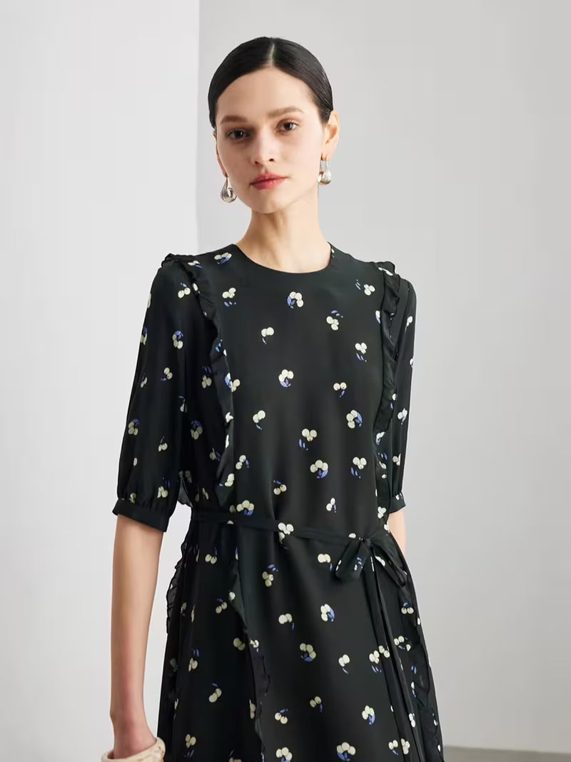 Women'S Short Sleeve Printed Dress, Ruched French Style 100% Mulberry Midi Dress